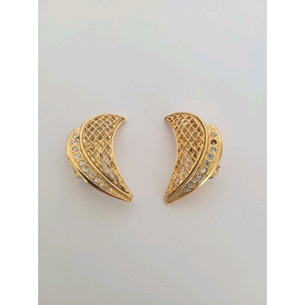 Vintage Hanne Mori Earrings Moon Cresent Gold Tone and Rhinestone Clip on Glam